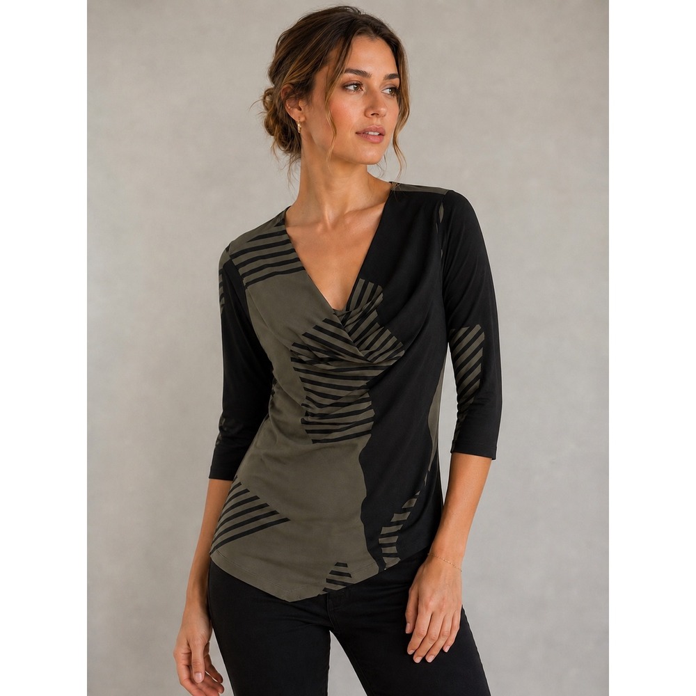 Porto San Francisco Top Olive Black Abstract Asymmetrical V-Neck Size Small